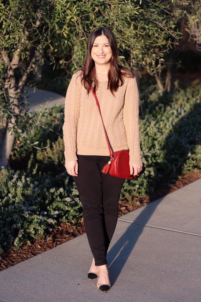 Cable Knit Sweater With Black Trousers and Red Bag Cable Knit Sweater With Black Trousers and Red Bag — Classy Preppy Outfits