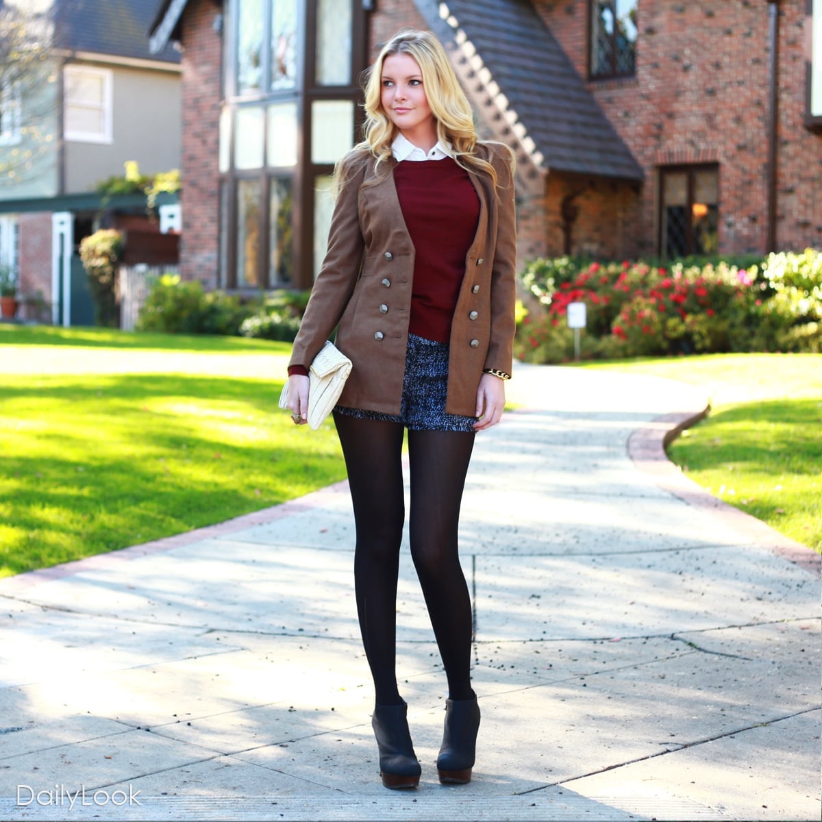 Tweed Blazer Over Sweater and Mini Skirt With Boots Tweed Blazer Over Sweater and Mini Skirt With Boots — Classy Preppy Outfits