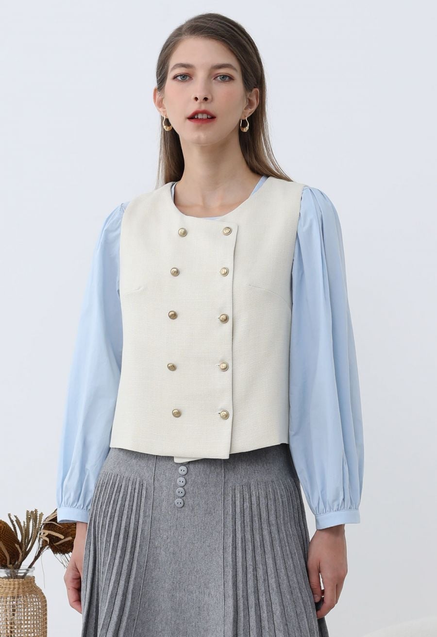 Ivory Vest Over Blue Blouse With Grey Pleated Skirt Ivory Vest Over Blue Blouse With Grey Pleated Skirt — Classy Preppy Outfits