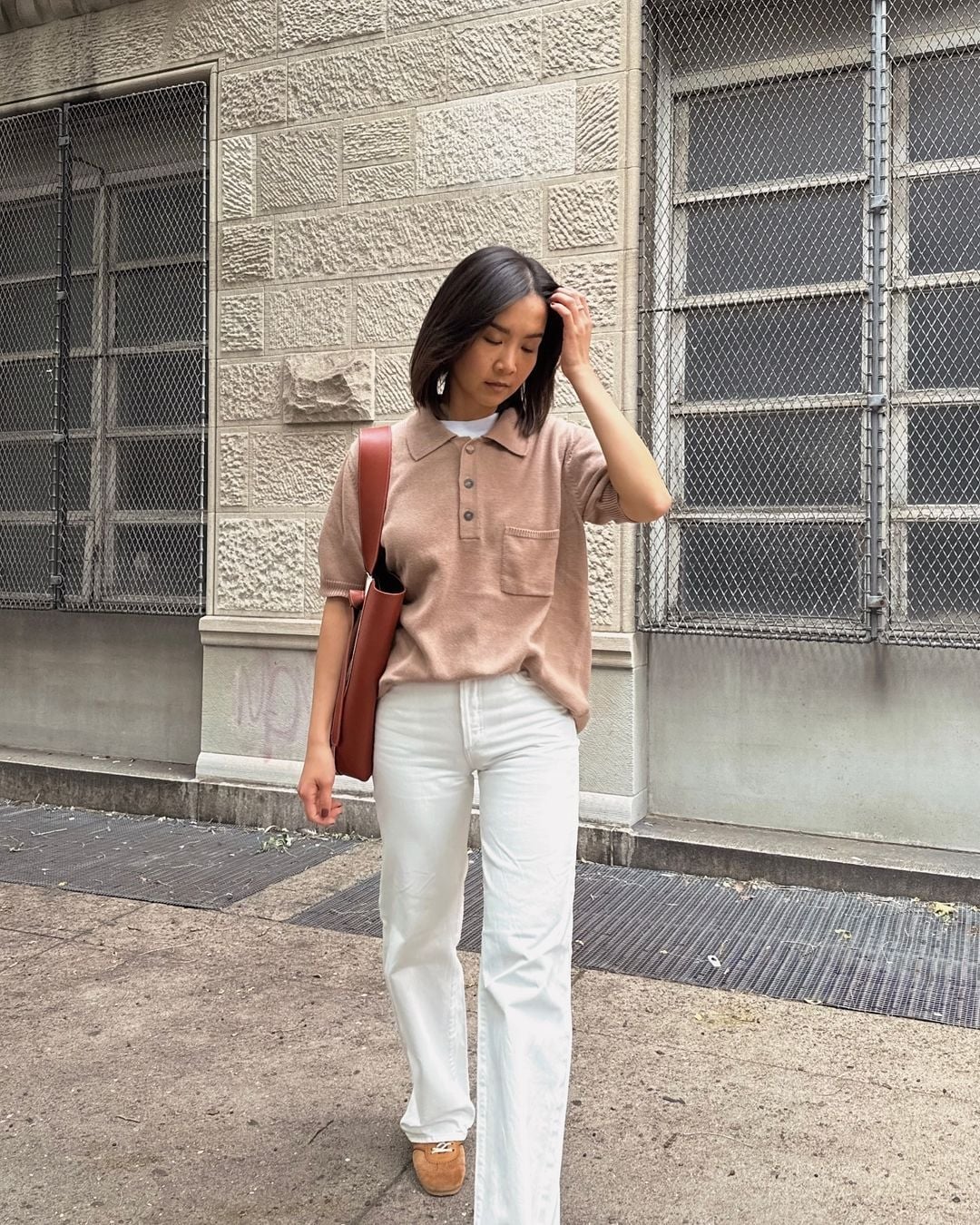 Tan Knit Polo Shirt with White Straight-Leg Pants Tan Knit Polo Shirt with White Straight-Leg Pants — Classy Preppy Style