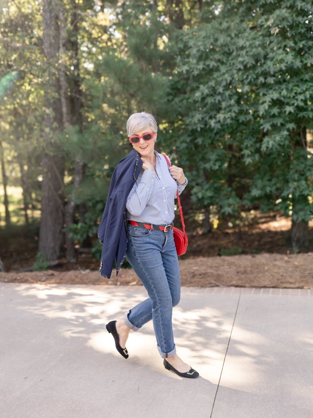 Striped Button-Down Shirt with Cuffed Jeans and Navy Blazer Striped Button-Down Shirt with Cuffed Jeans and Navy Blazer — Classy Preppy Style