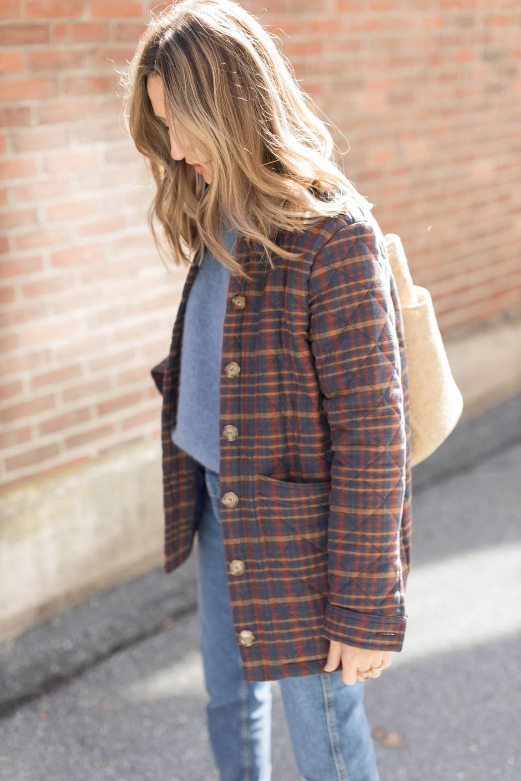 Blue Sweater with Brown Plaid Quilted Jacket Blue Sweater with Brown Plaid Quilted Jacket — Classy Preppy Style