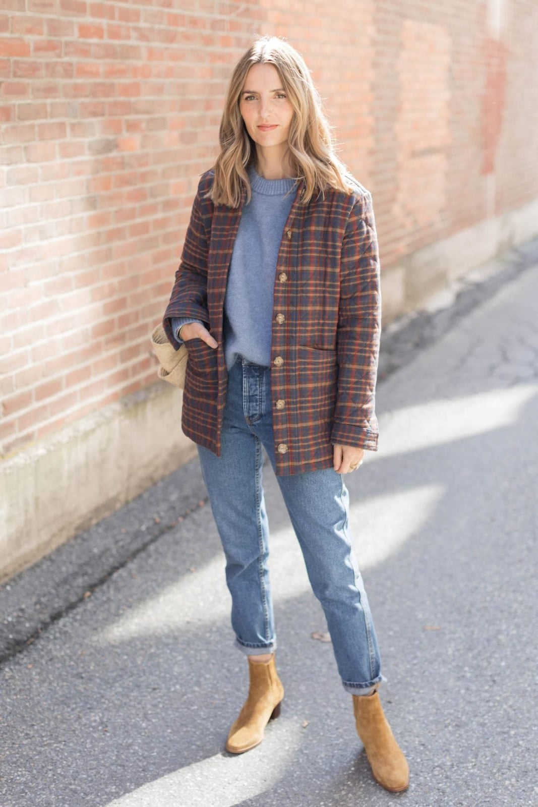 Quilted Plaid Jacket with Crewneck Sweater and Jeans Quilted Plaid Jacket with Crewneck Sweater and Jeans — Classy Preppy Style