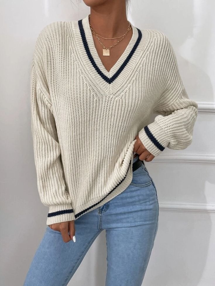 Cream Ribbed Knit Sweater with Navy Stripes Cream Ribbed Knit Sweater with Navy Stripes — Classy Preppy Style