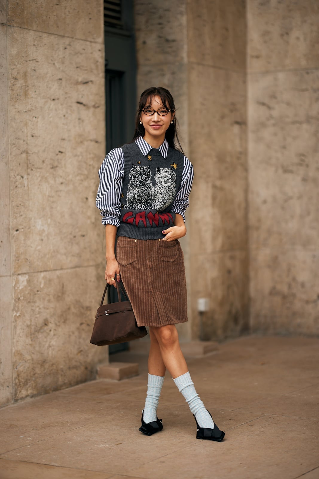 Striped Shirt with Sweater Vest and Corduroy Skirt Striped Shirt with Sweater Vest and Corduroy Skirt — Classy Preppy Style