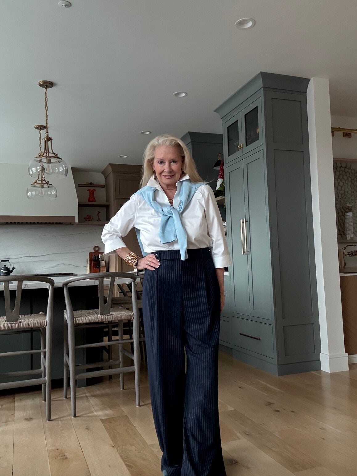 White Satin Shirt with Pinstripe Pants and Tied Sweater White Satin Shirt with Pinstripe Pants and Tied Sweater — Classy Preppy Style