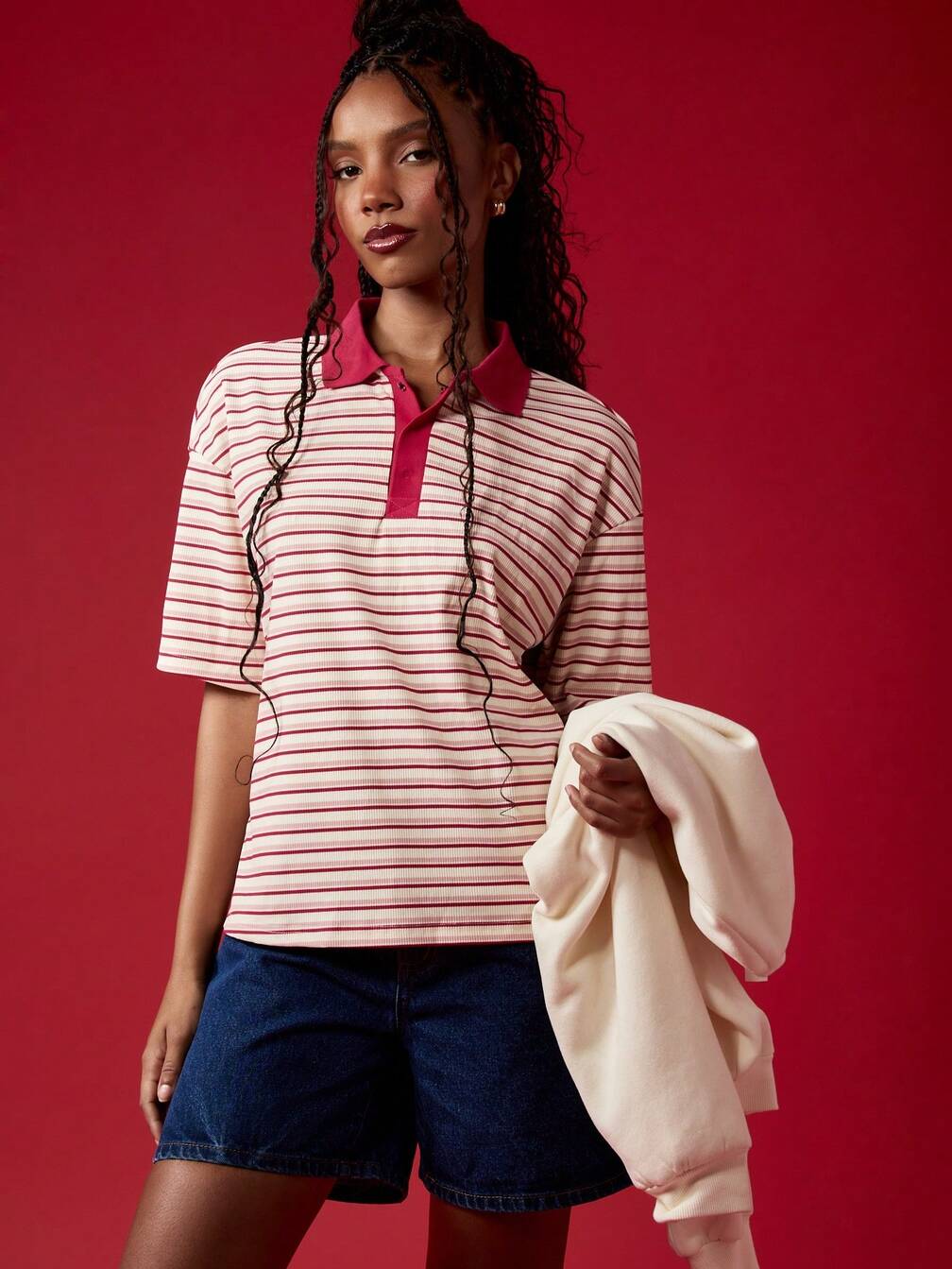 Oversized Striped Polo Shirt with Pink Collar Oversized Striped Polo Shirt with Pink Collar — Classy Preppy Style