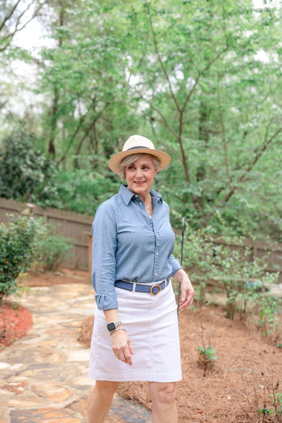 Blue Denim Shirt with White A-Line Skirt and Straw Hat Blue Denim Shirt with White A-Line Skirt and Straw Hat — Classy Preppy Style