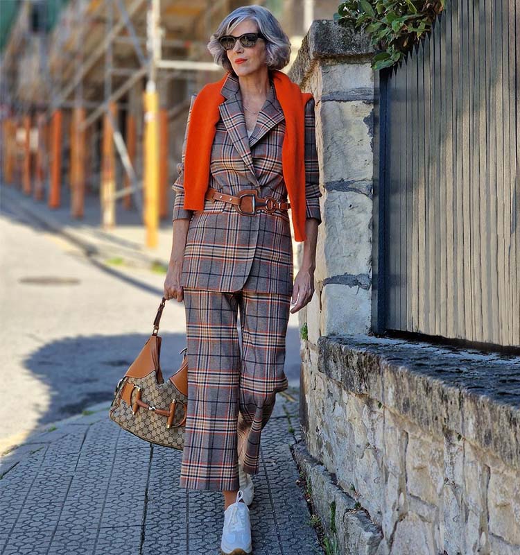 Grey Plaid Suit with Orange Sweater Draped Grey Plaid Suit with Orange Sweater Draped — Classy Preppy Style