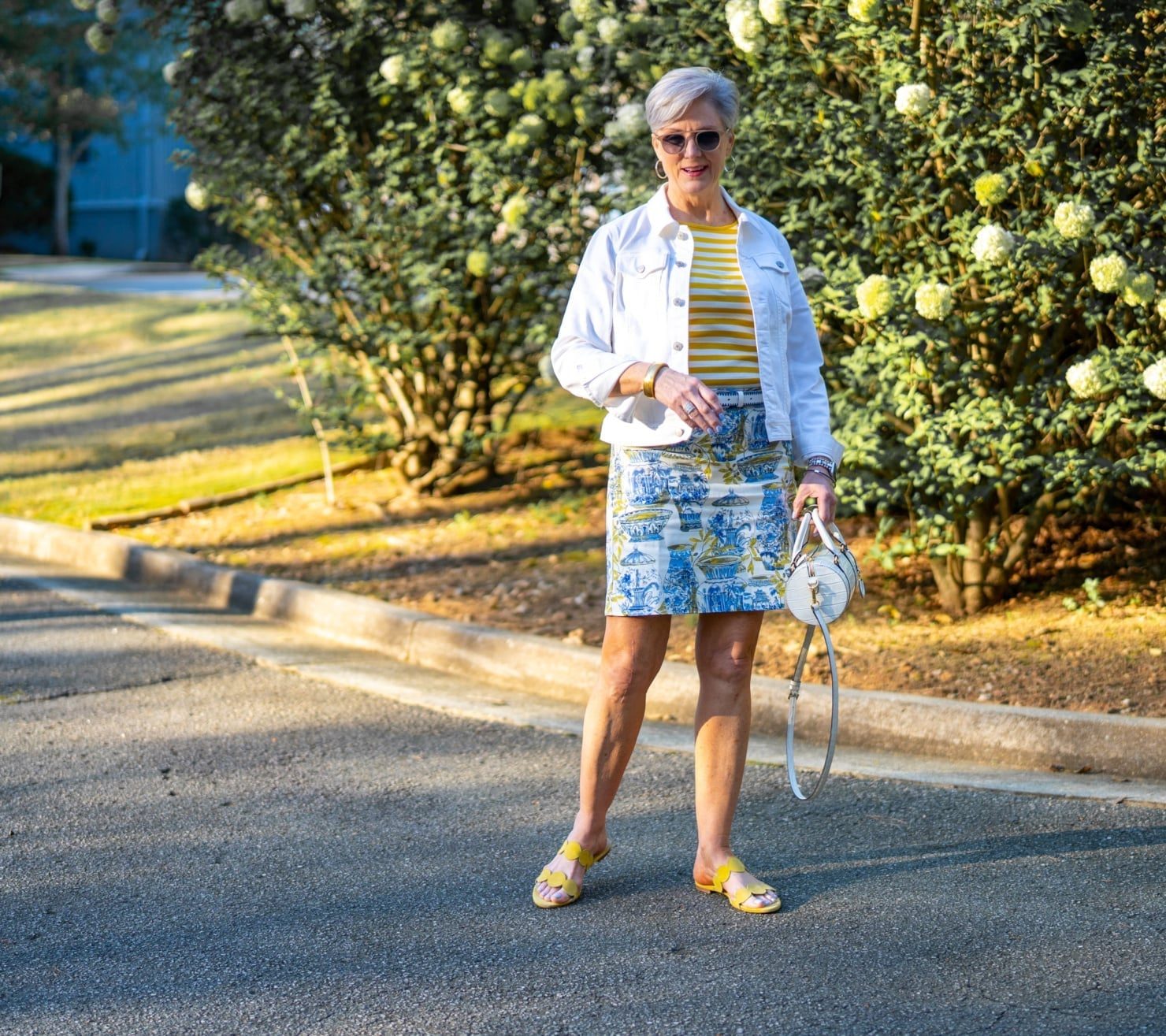 White Denim Jacket with Striped Tee and Patterned Skirt, Close-Up Take White Denim Jacket with Striped Tee and Patterned Skirt, Close-Up Take — Classy Preppy Style