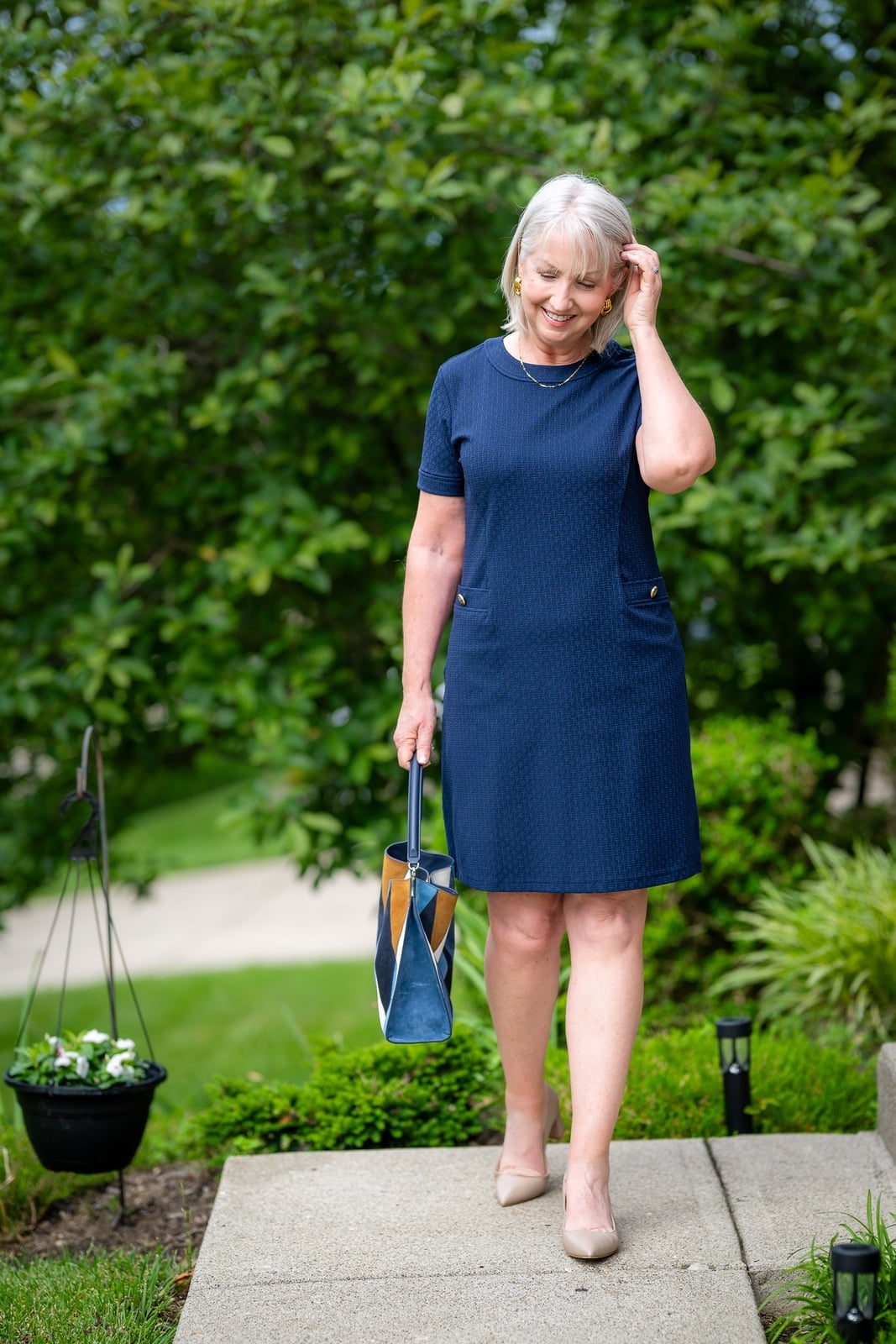 Navy Blue Short-Sleeve Textured Dress Navy Blue Short-Sleeve Textured Dress — Classy Professional Dresses