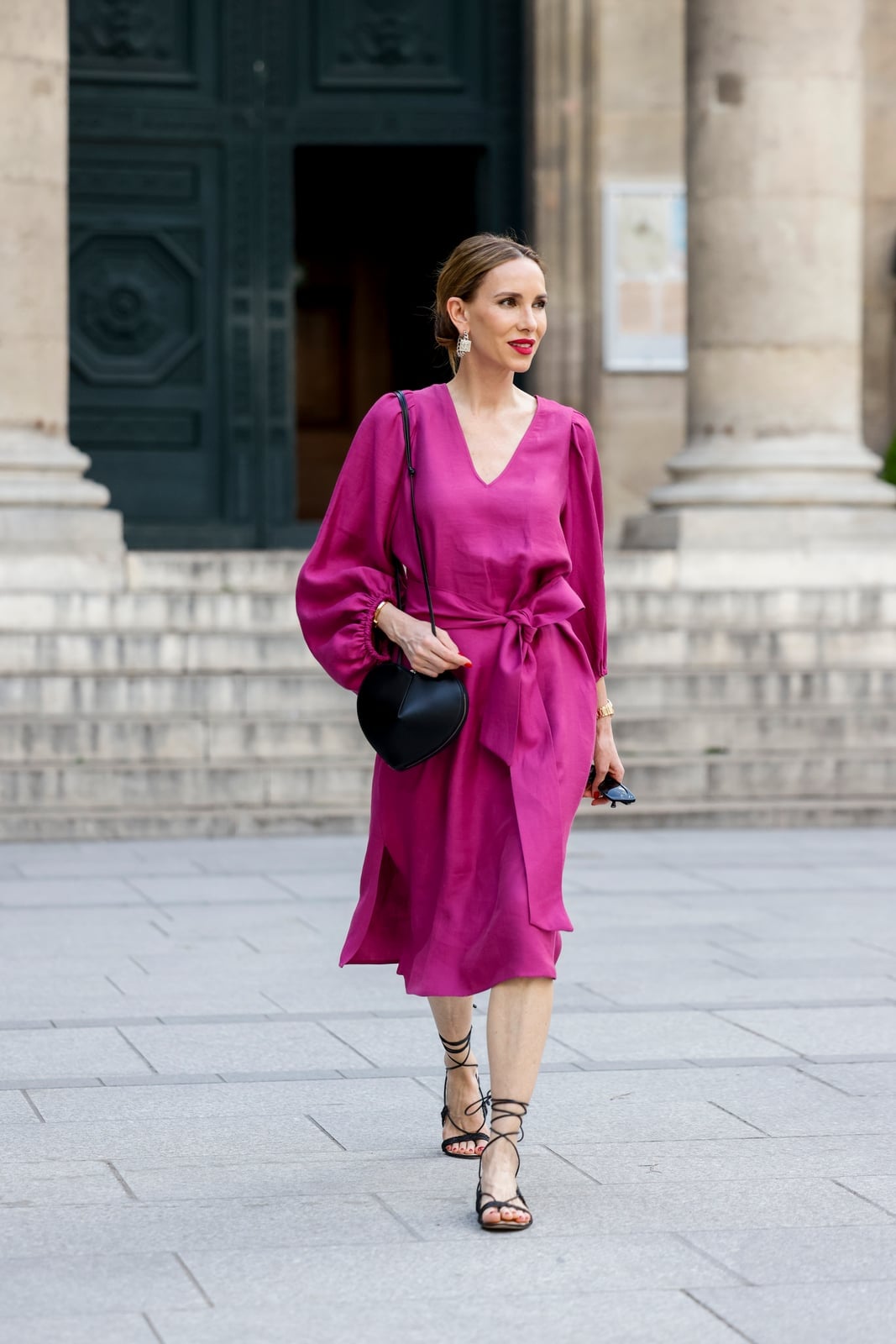 Fuchsia Linen-Like Midi Dress with Puffy Sleeves Fuchsia Linen-Like Midi Dress with Puffy Sleeves — Classy Professional Dresses