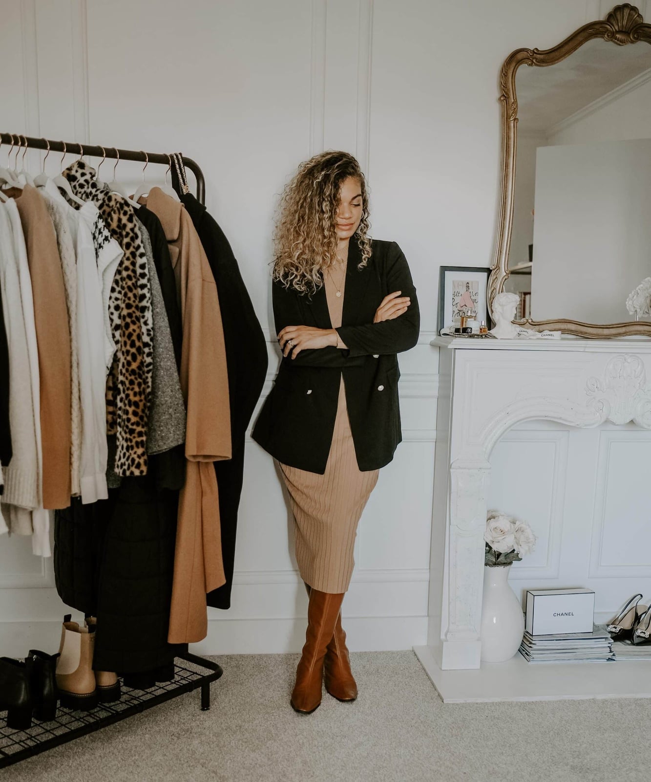 Beige Ribbed Knit Midi Dress with Oversized Blazer, Close-Up Take Beige Ribbed Knit Midi Dress with Oversized Blazer, Close-Up Take — Classy Professional Dresses