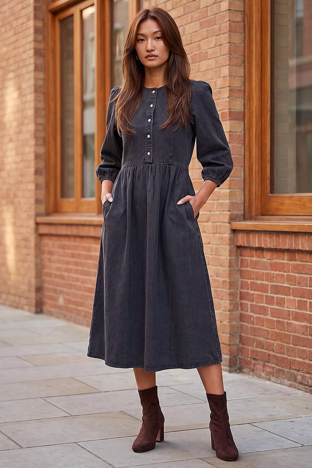 Dark Grey Denim Midi Dress with Button Front Dark Grey Denim Midi Dress with Button Front — Classy Professional Dresses