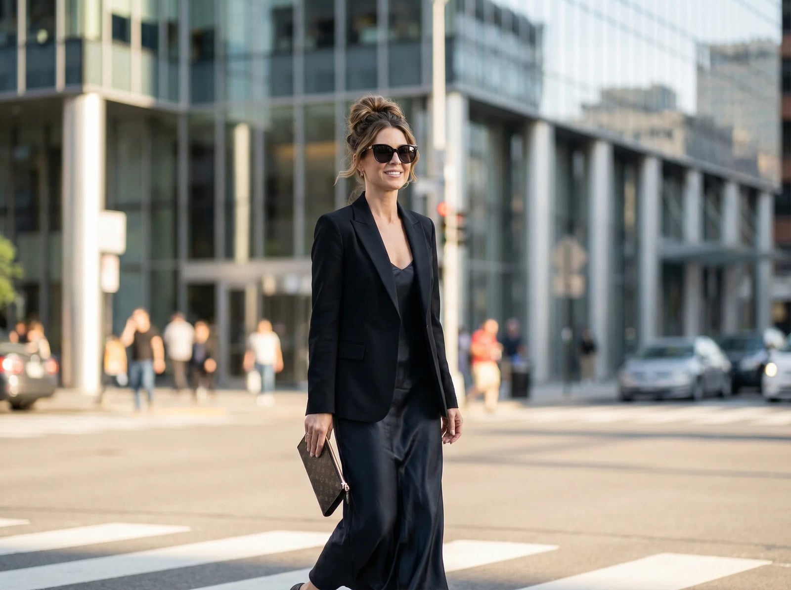 Black Satin Slip Dress with Tailored Blazer, Close-Up Take Black Satin Slip Dress with Tailored Blazer, Close-Up Take — Classy Professional Dresses