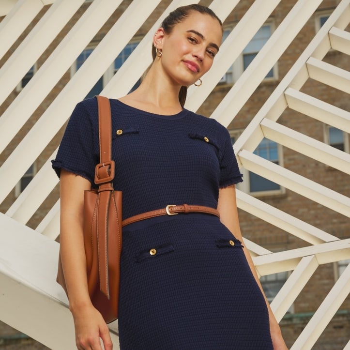 Navy Blue Textured Knit Dress with Gold Buttons Navy Blue Textured Knit Dress with Gold Buttons — Classy Professional Dresses