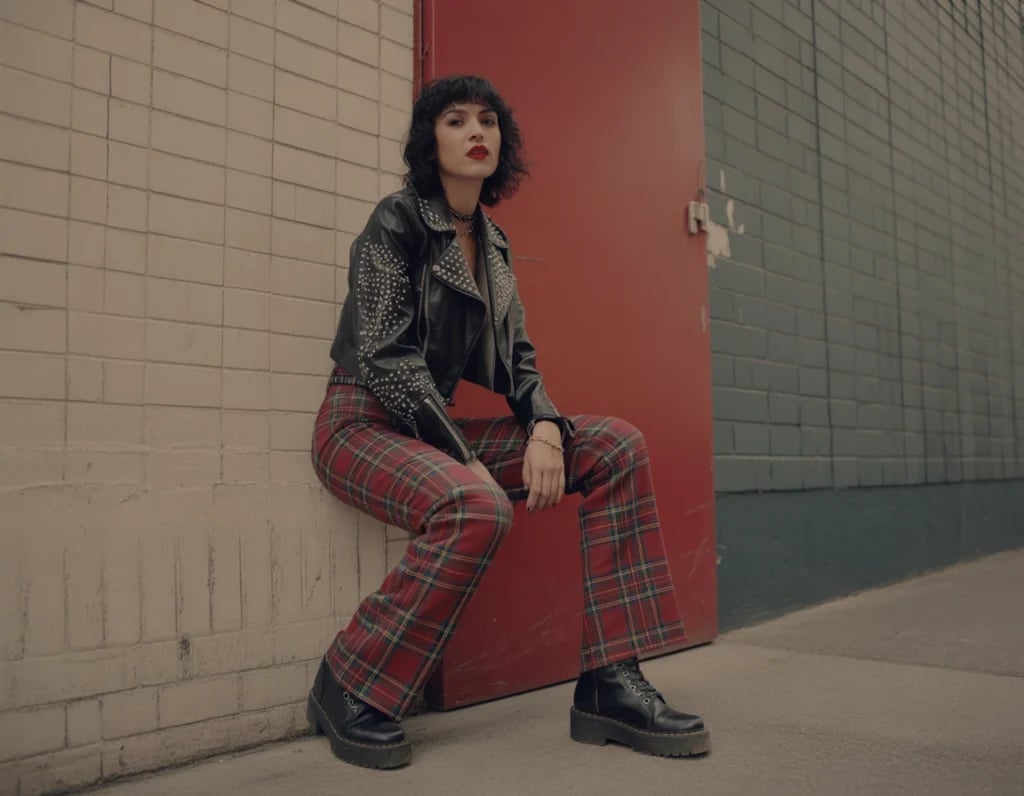 Studded Jacket With Plaid Flared Pants Studded Jacket With Plaid Flared Pants — Classy Punk Outfits