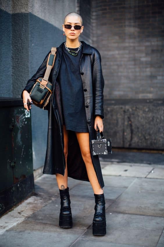 Leather Trench Coat Over T-Shirt Dress Leather Trench Coat Over T-Shirt Dress — Classy Punk Outfits