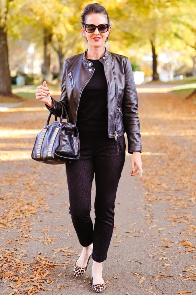 Leather Moto Jacket With Leopard Flats and Black Studded Handbag Leather Moto Jacket With Leopard Flats and Black Studded Handbag — Classy Punk Outfits