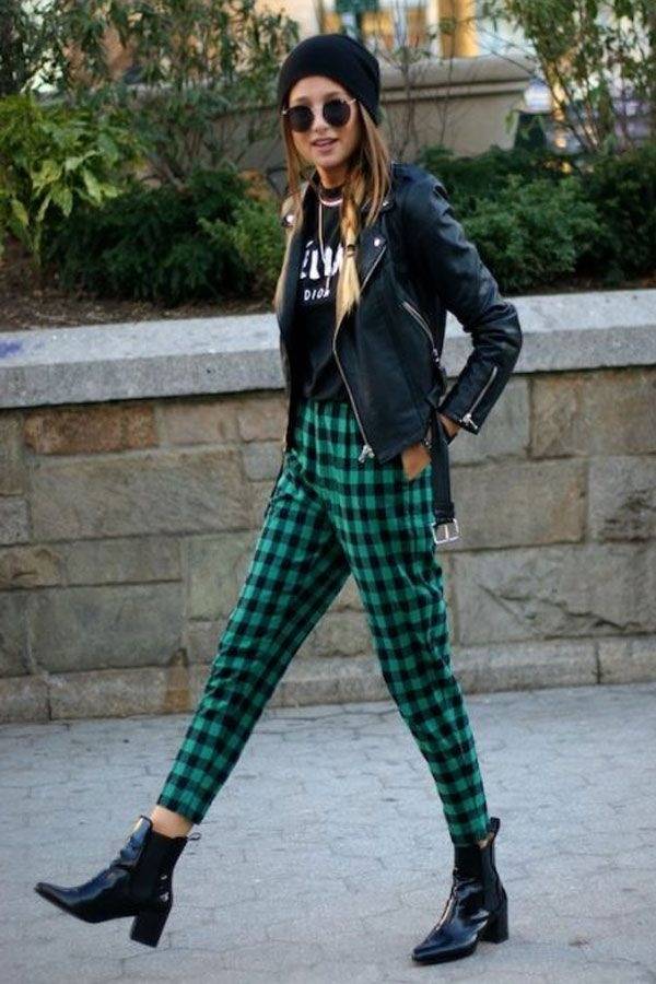 Plaid Pants With Leather Moto Jacket and Black Pointed Ankle Boots Plaid Pants With Leather Moto Jacket and Black Pointed Ankle Boots — Classy Punk Outfits