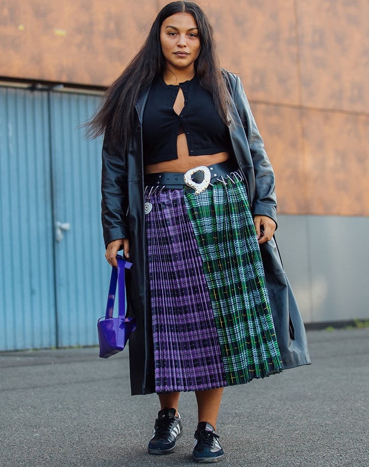 Leather Trench Coat Over Plaid Midi Skirt Leather Trench Coat Over Plaid Midi Skirt — Classy Punk Outfits