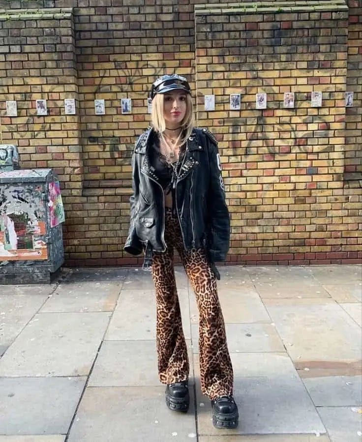 Leopard Print Pants With Leather Jacket Leopard Print Pants With Leather Jacket — Classy Punk Outfits