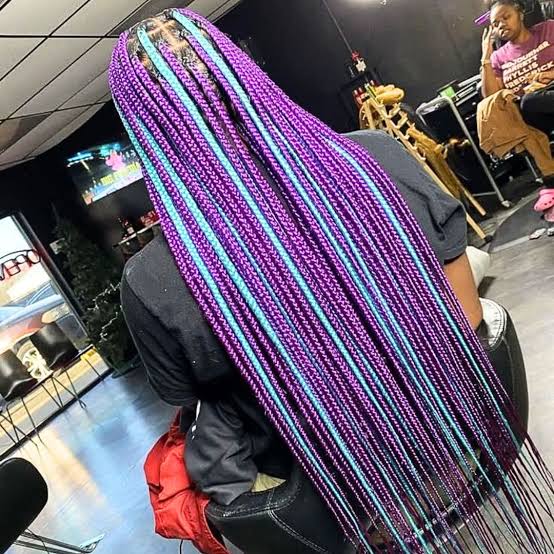 Purple Box Braids With Light Blue Streaks — Classy Purple Braids