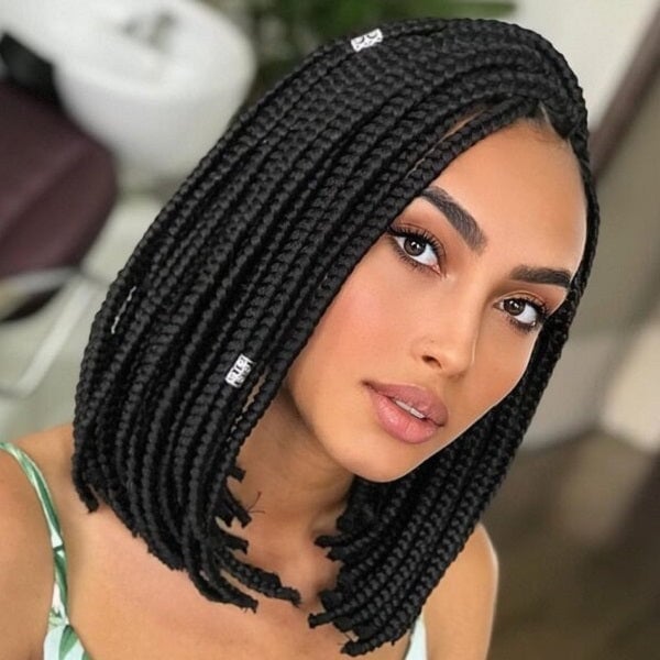 Chin Length Box Braids Bob With Beads, Black Chin Length Box Braids Bob With Beads, Black — Classy Quick Braids Hairstyle