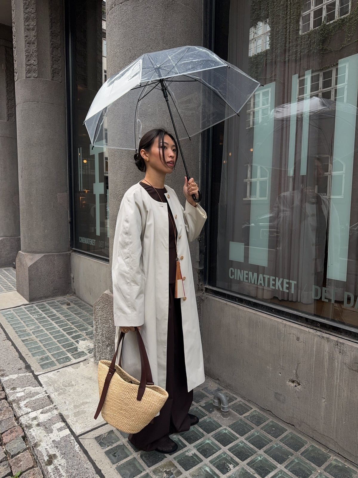 Long Cream Coat Over Brown Jumpsuit with Loafers — Classy Rainy Day Outfits