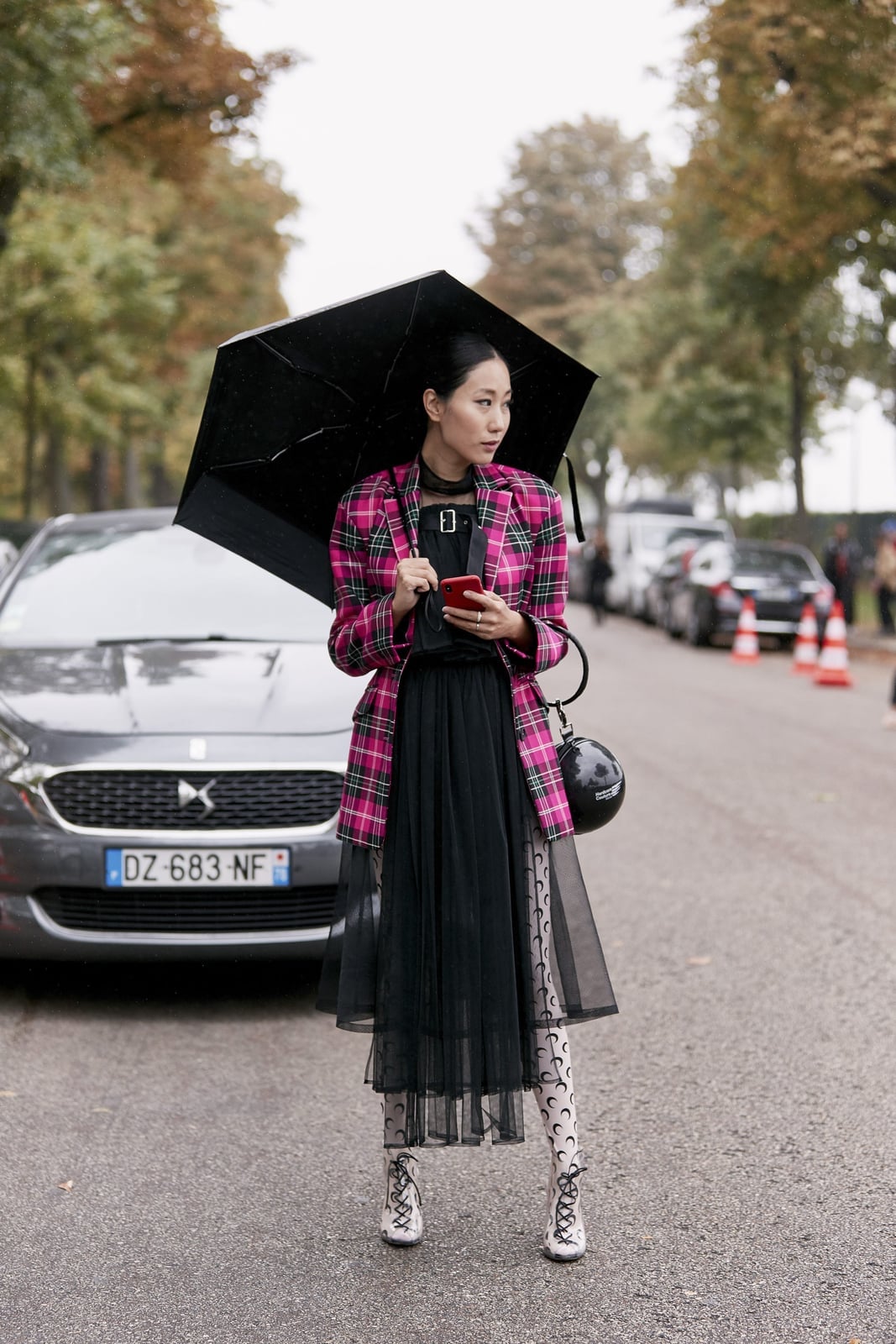 Black Dress with Pink Plaid Blazer and Lace-Up Boots — Classy Rainy Day Outfits
