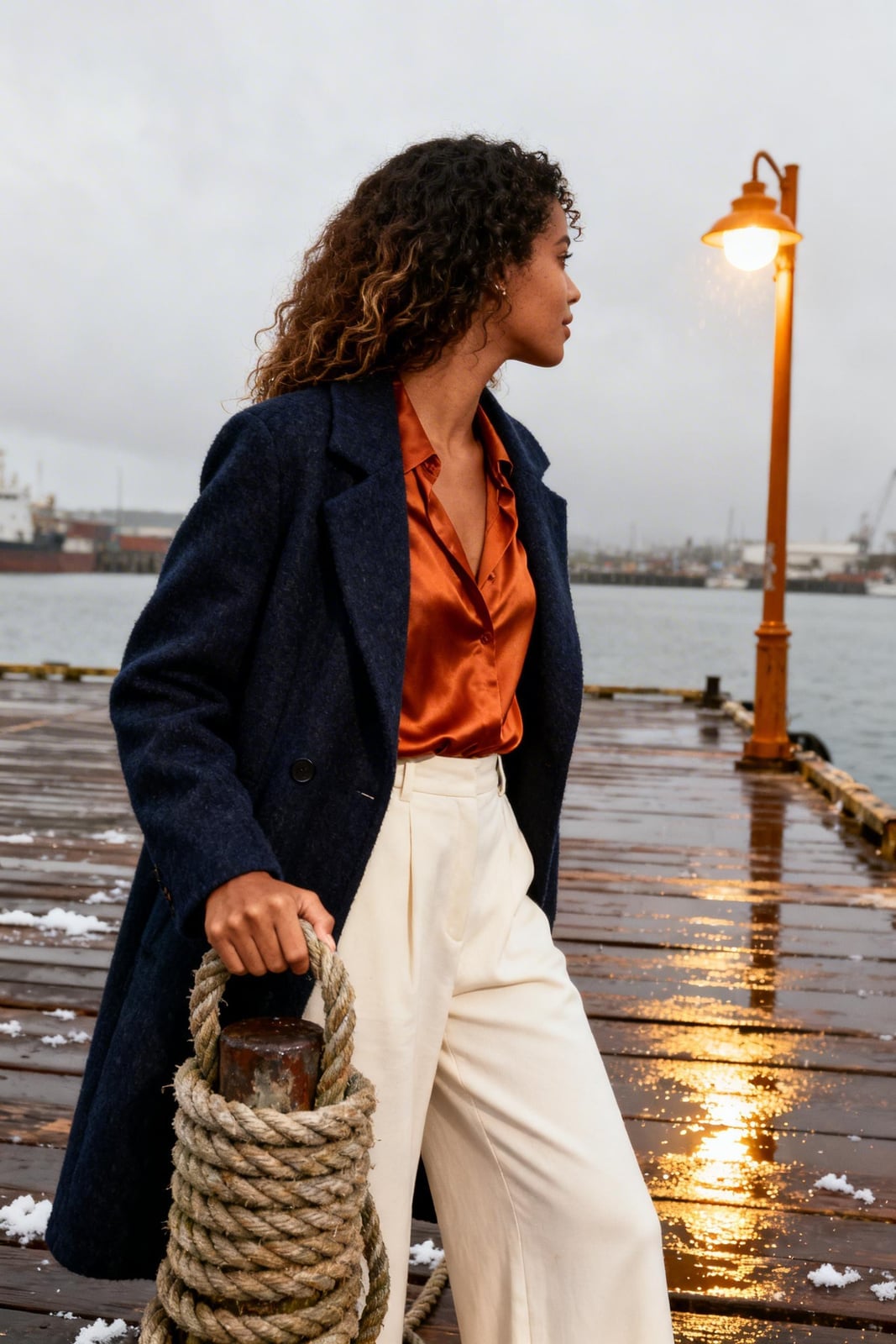 Navy Textured Coat Over Silk Blouse and Cream Trousers, Close-Up Take — Classy Rainy Day Outfits