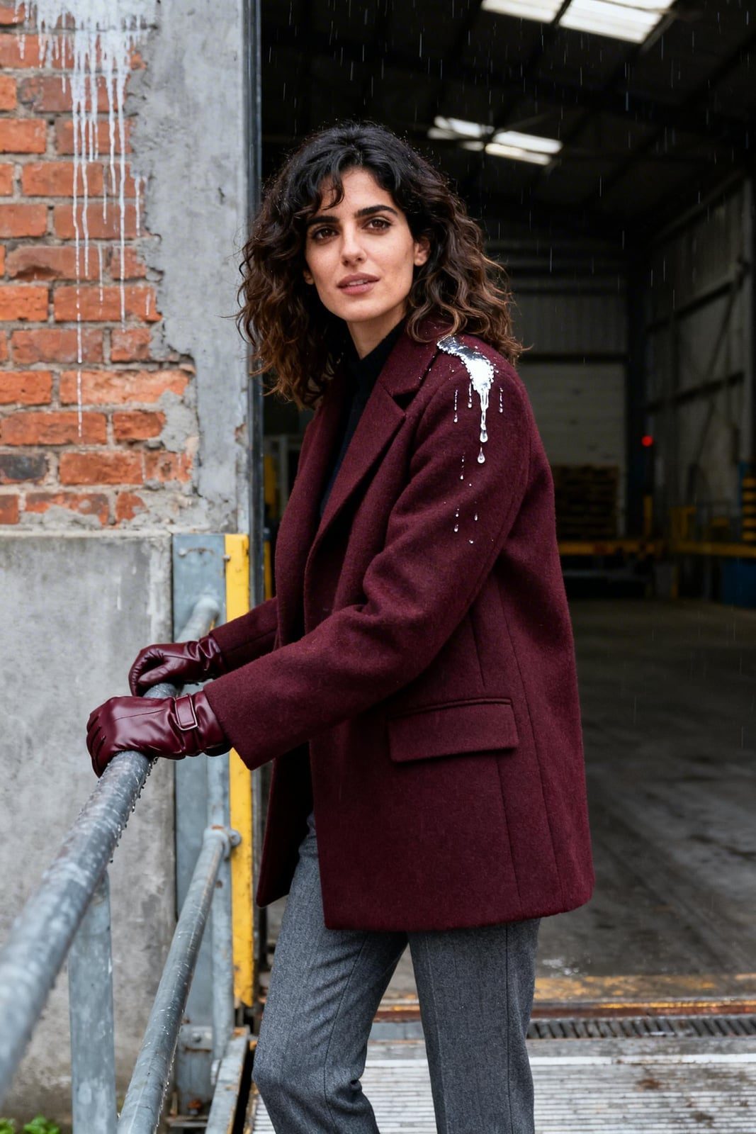 Burgundy Wool Blazer with Grey Trousers and Leather Gloves — Classy Rainy Day Outfits
