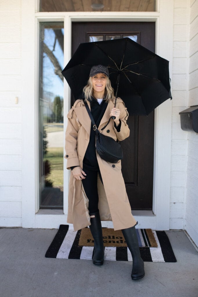 Beige Trench Coat Over Hoodie and Leggings with Rubber Boots — Classy Rainy Day Outfits