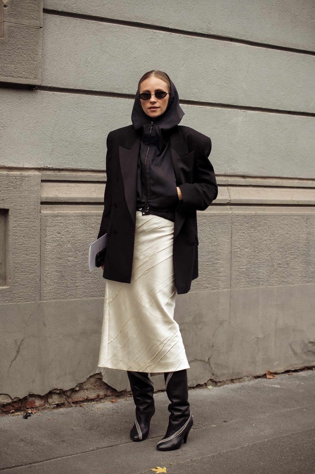 Oversized Blazer with Hooded Jacket and Cream Midi Skirt — Classy Rainy Day Outfits