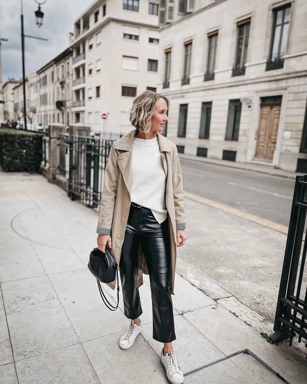 Beige Trench Coat with Sweater and Leather Pants — Classy Rainy Day Outfits
