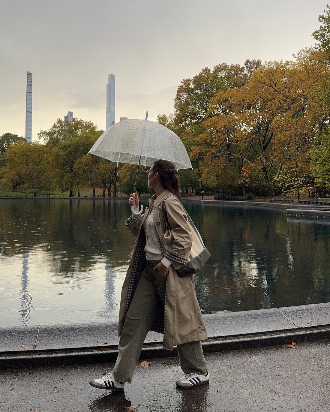 Beige Trench Coat with Cable Knit and Wide-Leg Trousers — Classy Rainy Day Outfits