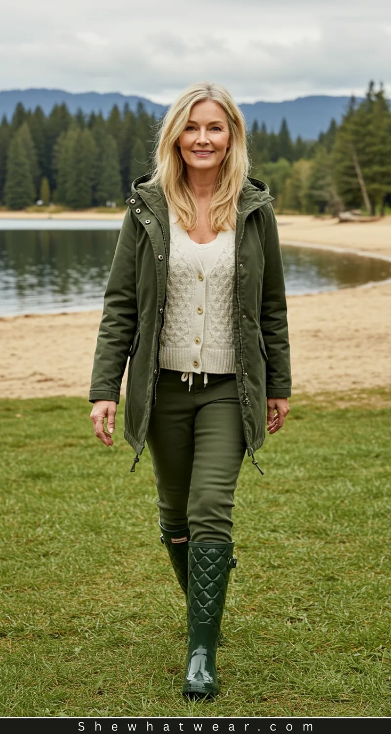Olive Green Parka with Cable Knit and Slim Trousers — Classy Rainy Day Outfits