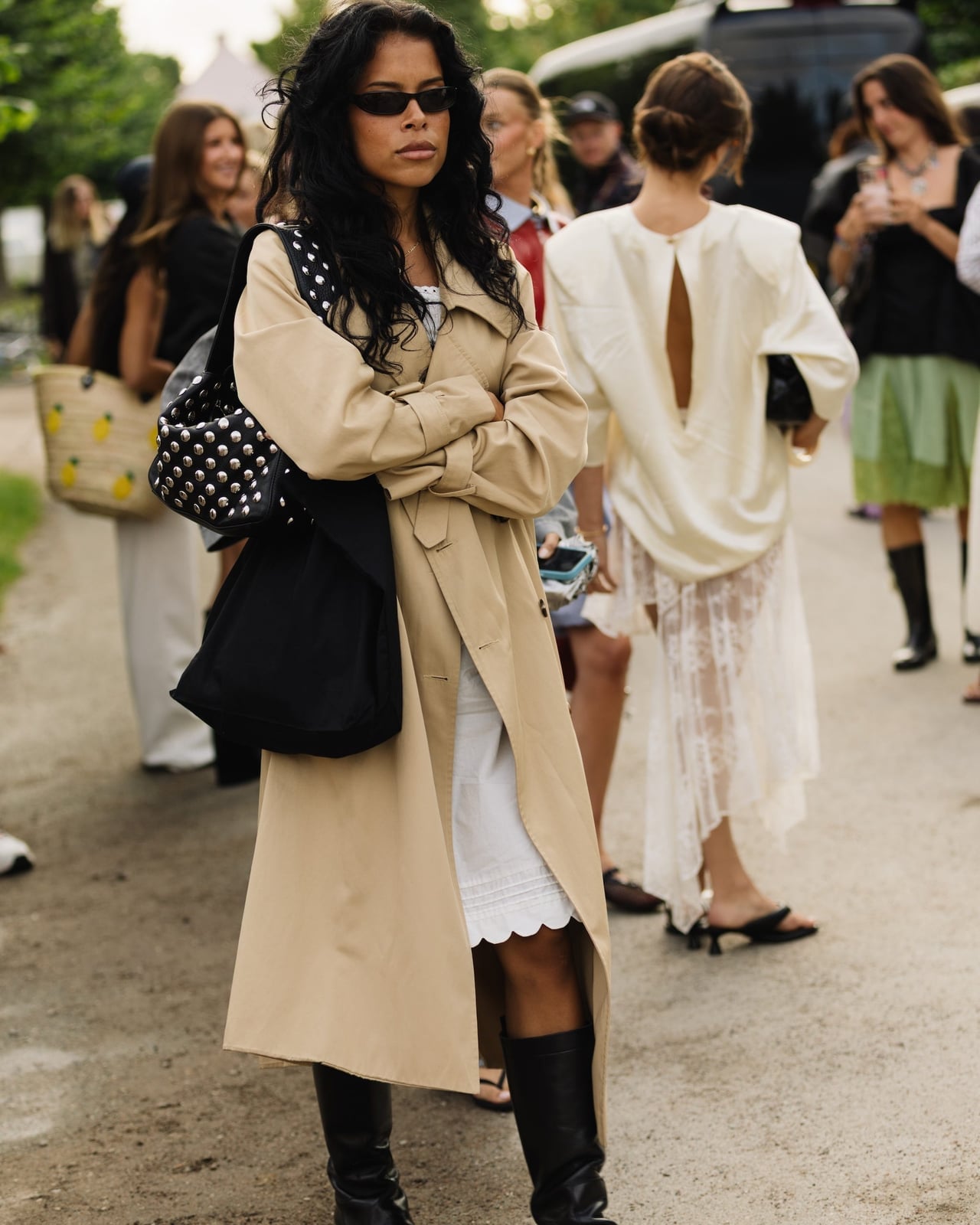 Beige Trench Coat Over White Dress with Knee-High Boots — Classy Rainy Day Outfits