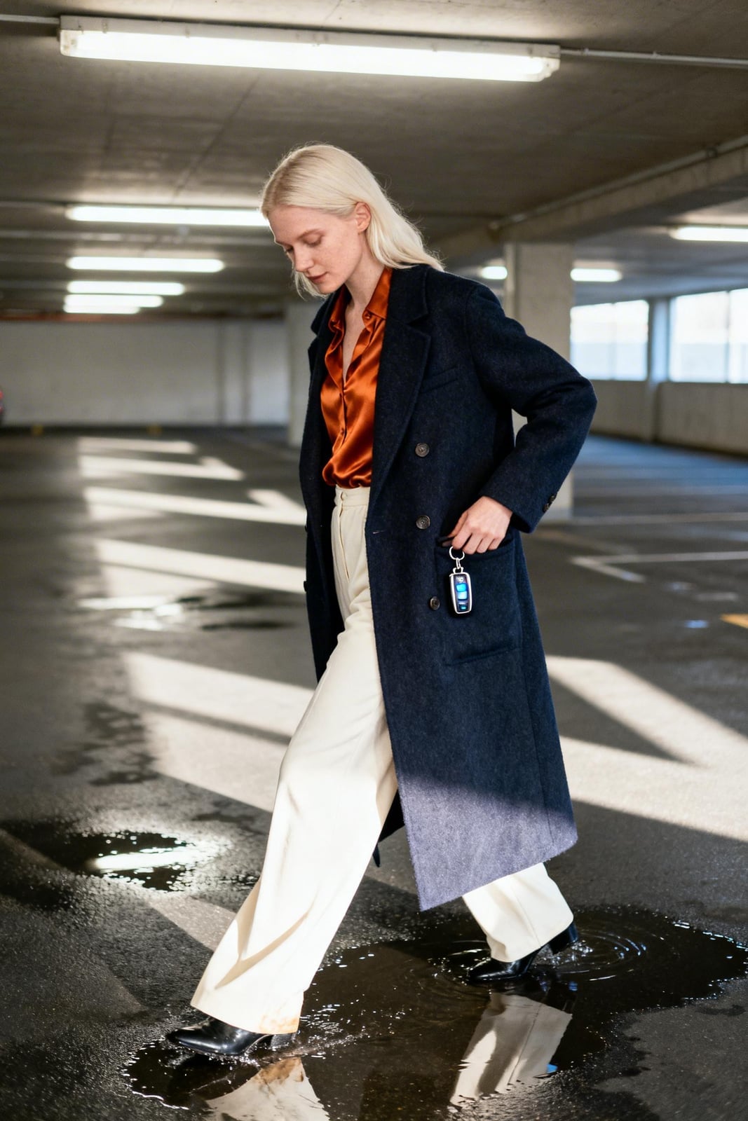 Navy Wool Coat Over Satin Blouse and Cream Trousers — Classy Rainy Day Outfits