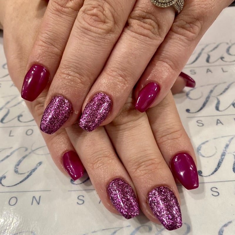 Raspberry Coffin Nails with Pink Glitter Accents — Classy Raspberry Nails