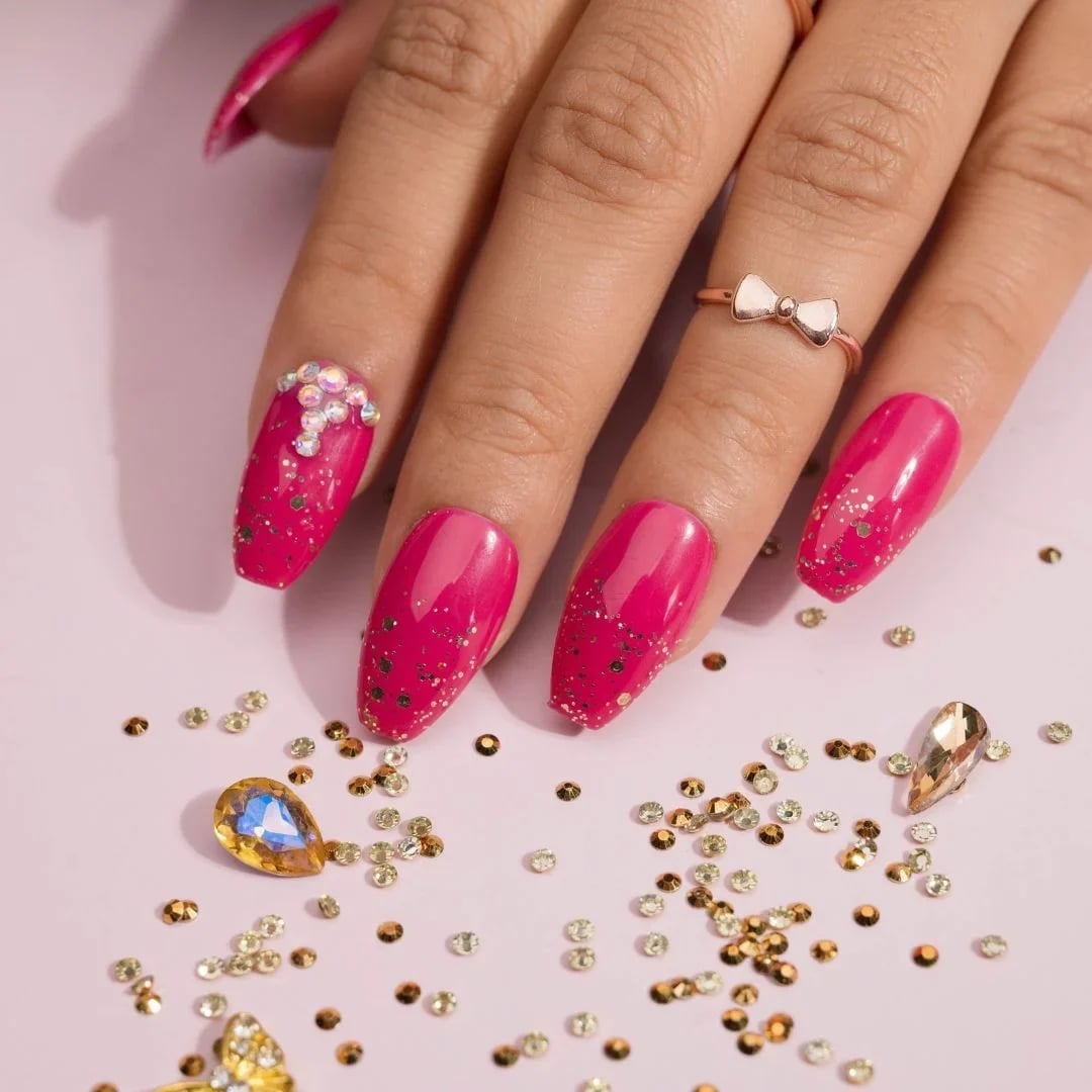 Vibrant Raspberry Coffin Nails with Rhinestone Cluster — Classy Raspberry Nails