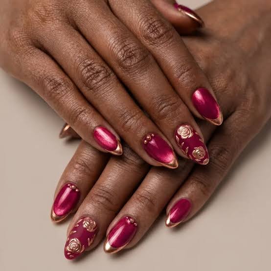 Deep Raspberry Stiletto Nails with Gold Metallic Outline — Classy Raspberry Nails