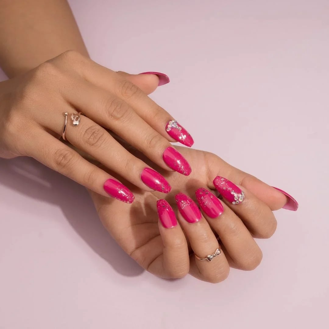Long Coffin Raspberry Nails with Rhinestone Accents — Classy Raspberry Nails