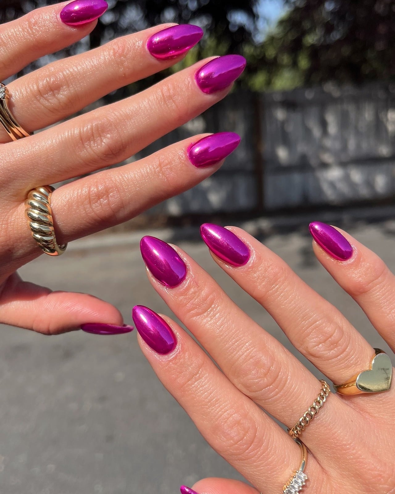 Vibrant Magenta Chrome Short Almond Nails — Classy Raspberry Nails