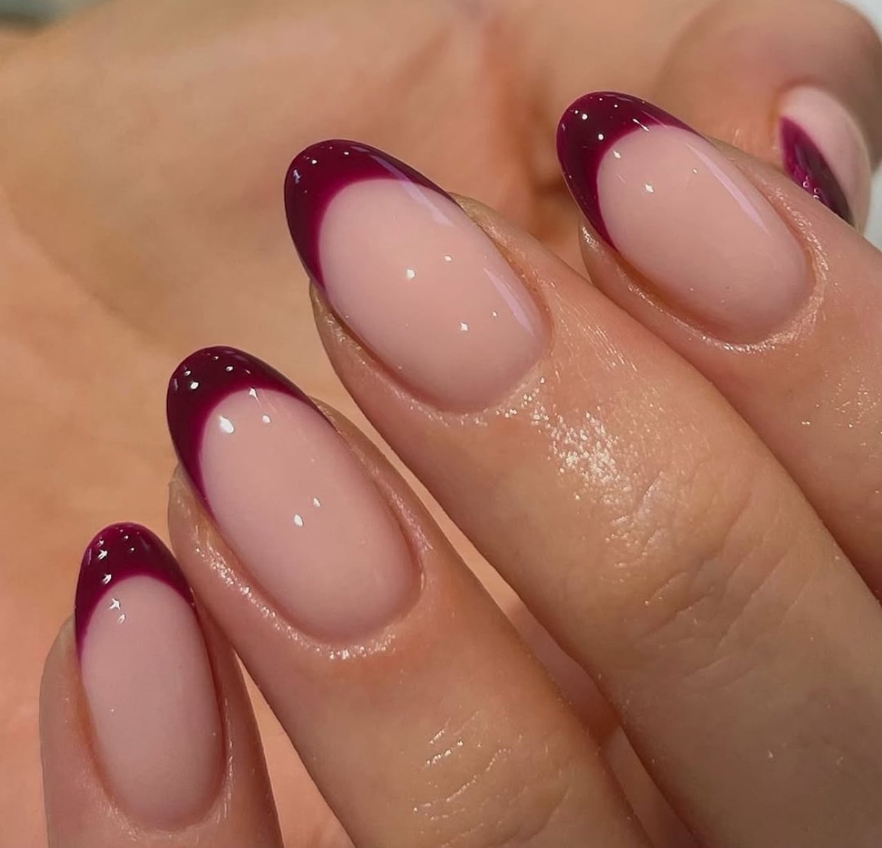 Deep Berry French Tip Sheer Nude Almond Nails — Classy Raspberry Nails
