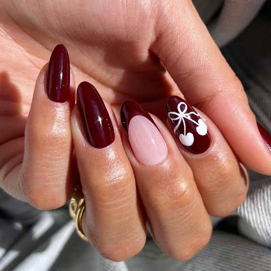Burgundy Almond Nails with Cherry Art — Classy Raspberry Nails