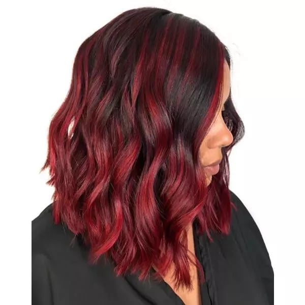 Shoulder-Length Angled Bob With Red Balayage Contrast Shoulder-Length Angled Bob With Red Balayage Contrast — Classy Red Balayage
