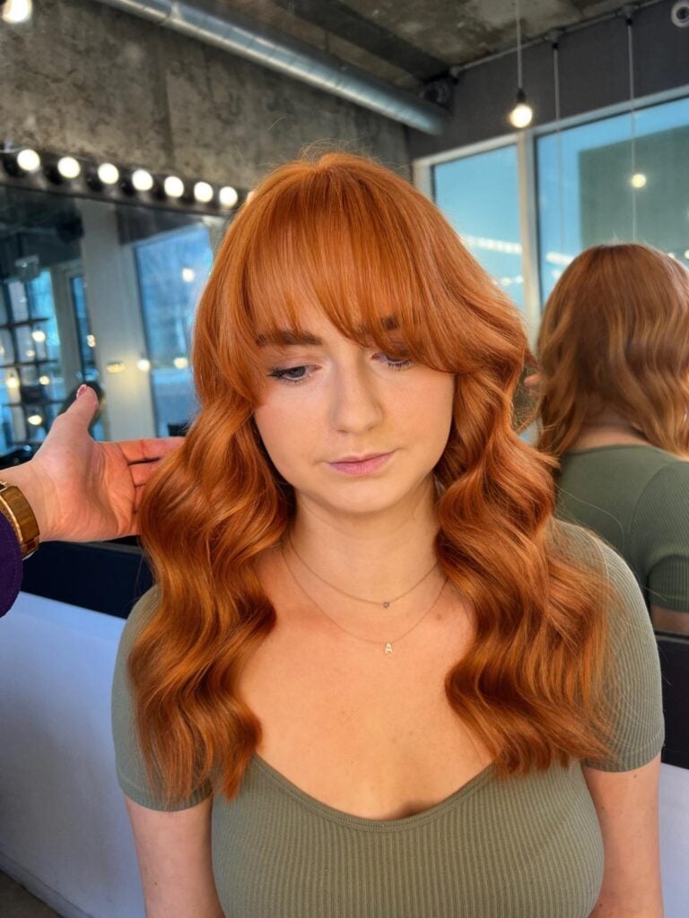 Shoulder Length Bright Copper Balayage With Curtain Bangs Shoulder Length Bright Copper Balayage With Curtain Bangs — Classy Red Balayage
