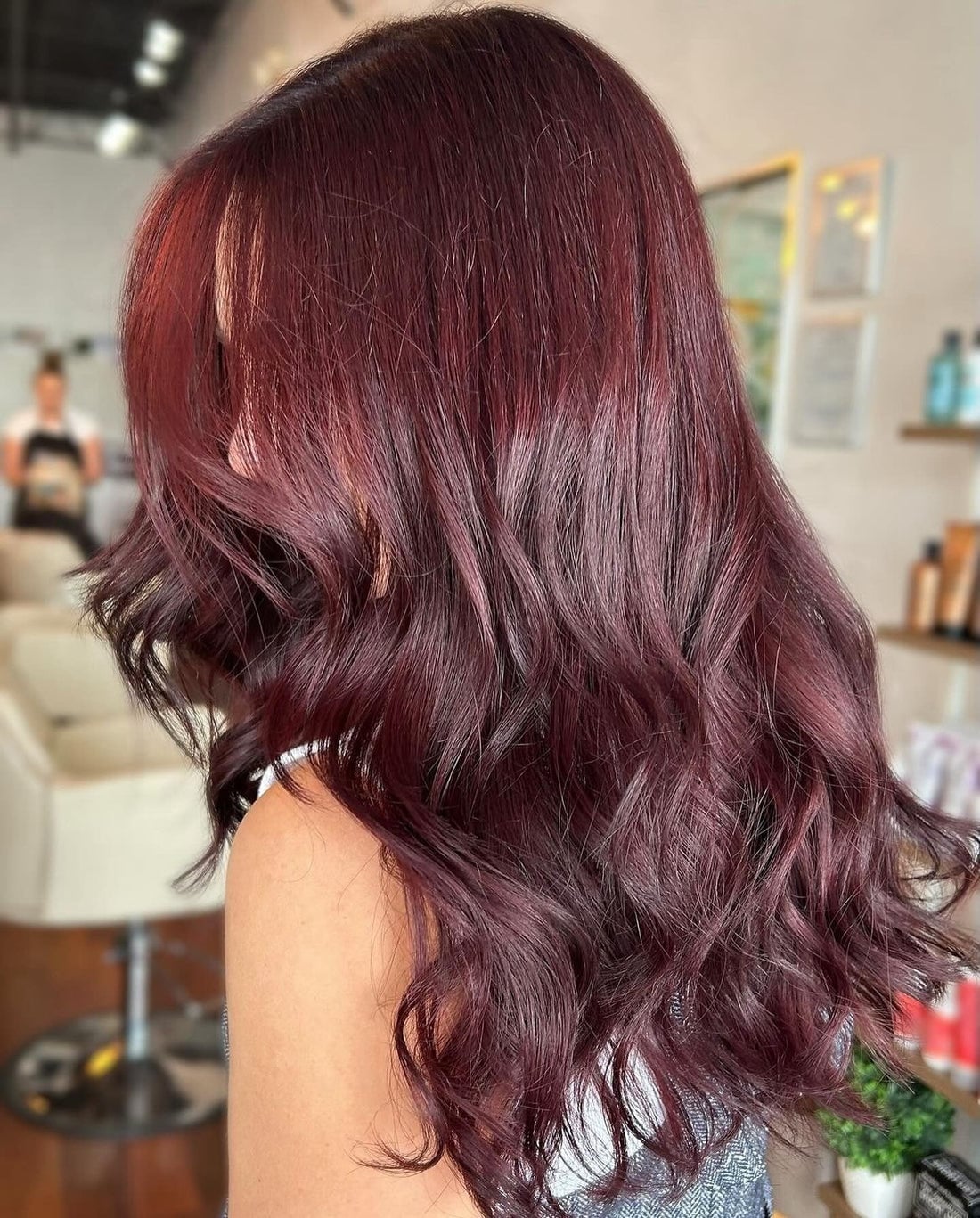 Mid-Back Deep Red With Subtle Lighter Balayage, Wavy Mid-Back Deep Red With Subtle Lighter Balayage, Wavy — Classy Red Balayage