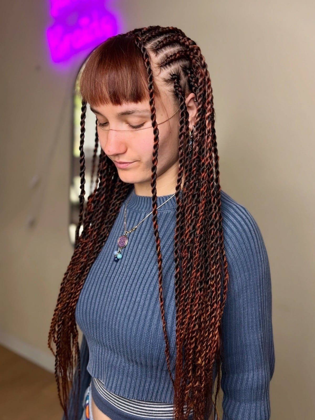 Red And Black Twisted Braids With Blunt Bangs Red And Black Twisted Braids With Blunt Bangs — Classy Red Braids